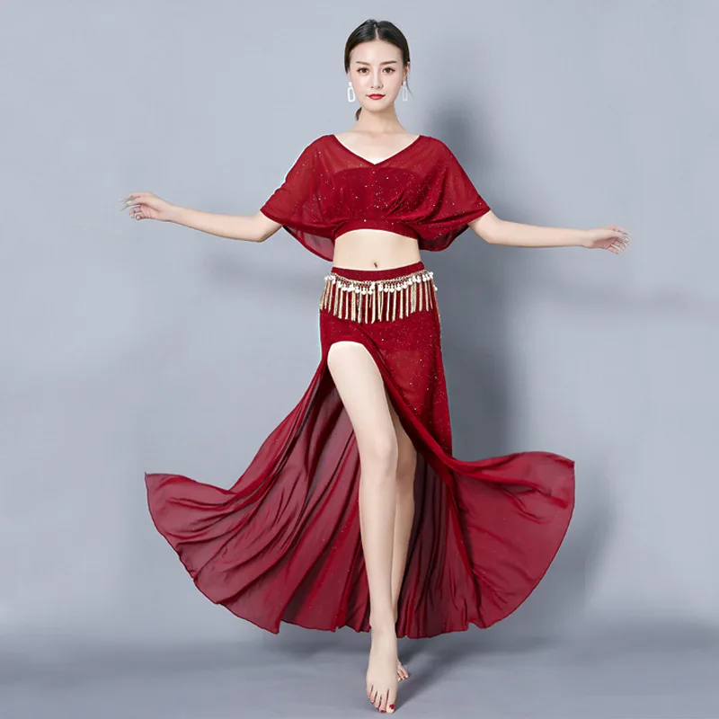 Customized Belly Dance Costumes Female Sexy Slit Long Skirt Performance Suit Practice Set Top and Skirt