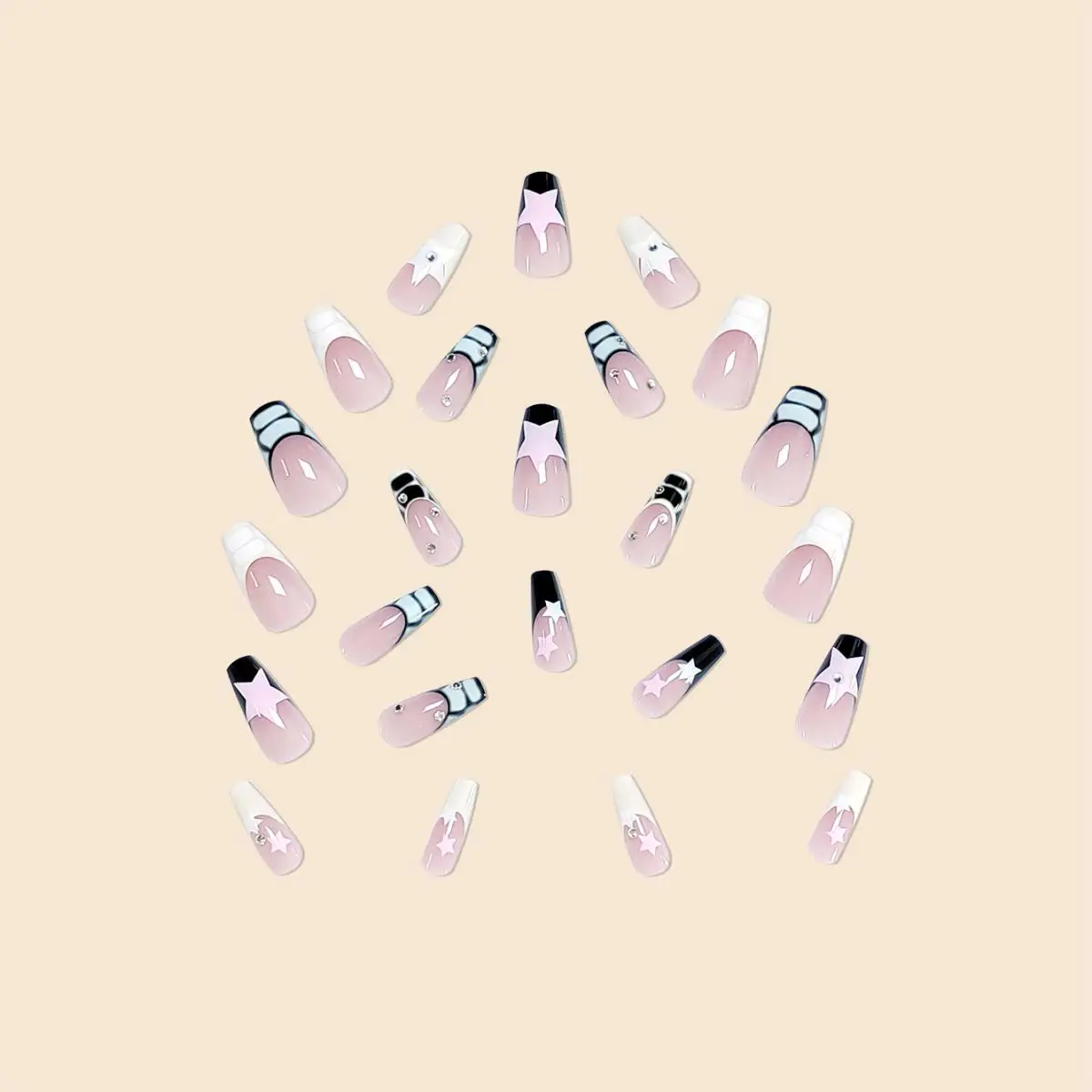 Women Girls Trend 24Pcs/Set Medium Ballet French Serpentine Star Diamond Full Coverage Wearable Fake Nail Press on Nail Art