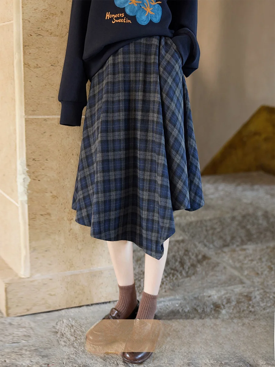 

Женская асимметричная юбка миди с завышенной талией в корейском стиле, осенне-зимняя, в клетку, синяя, средней длины