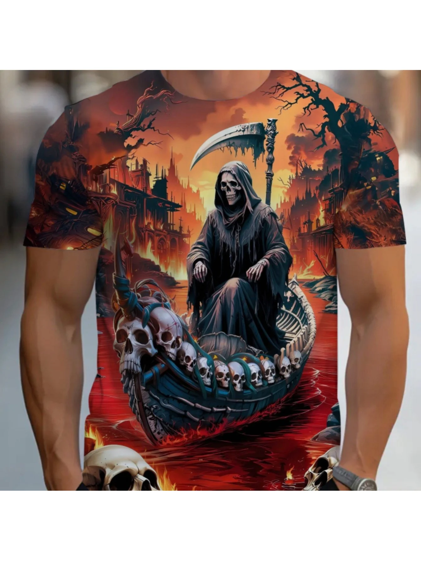 Customization Men'S Gothic Grim Reaper And Dark Fantasy Theme T-Shirt - All-Over Print Death Motif Design, Black And Red Short S