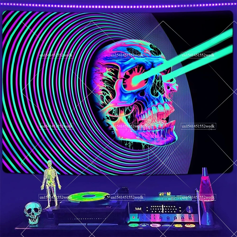 Blacklight 3D Illusion Tapestry Skull Eye Glow In The Dark Neon UV Reactive Circle Tunnel Tapestry Room Decor Aesthetic Tapestry