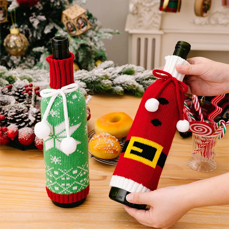 Christmas Knitted Wine Bottle Cover Pompom Bow Decor Santa Costume Snowflake Pattern Wine Bottle Bag Xmas Dinner Table Decor