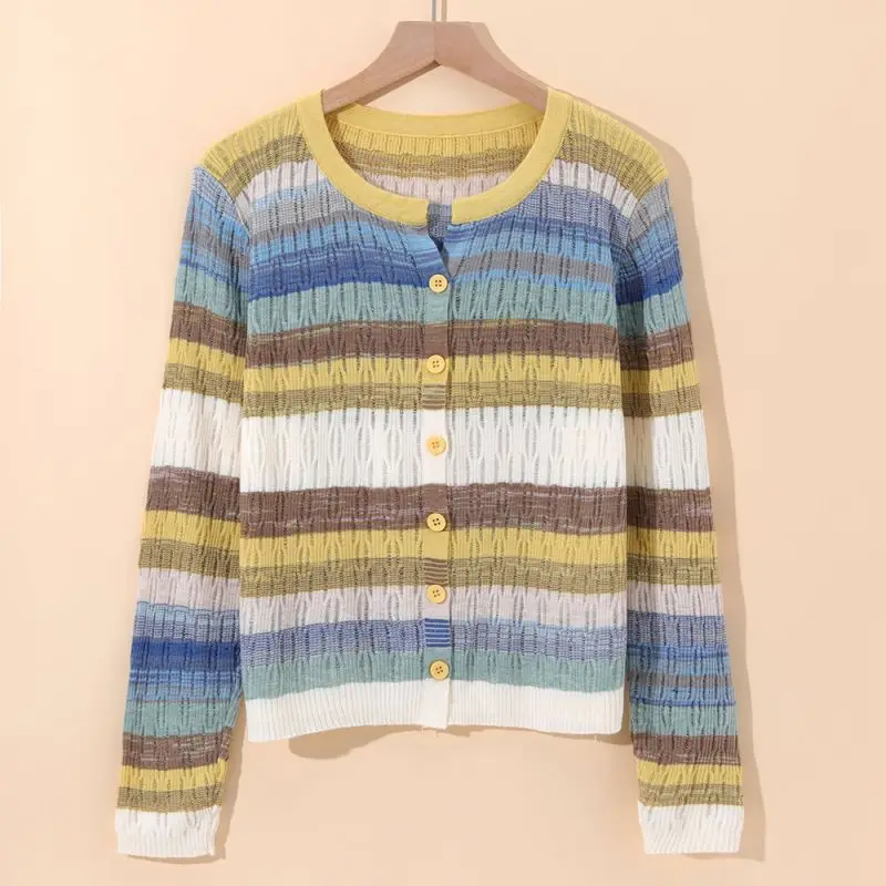 Multi-Color Rainbow Striped V-Neck Knit Chic Long Sleeve Women\'s Cardigan Single Breasted Sweater Cardigan For Women Clothing