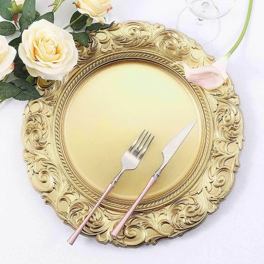 

14" Charger Plates Set of 24 Gold Disposable Chargers With Engraved Baroque Rim Round Acrylic Serving Plate For Wedding Party E