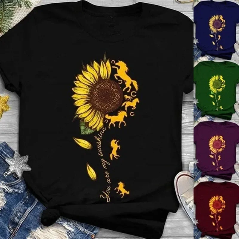 

Sunflower Horse Print T Shirt Women Short Sleeve O Neck Loose Tshirt Summer Women Tee Shirt Tops Camisetas Mujer