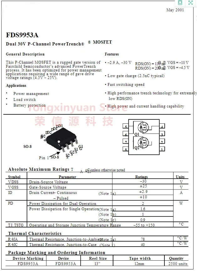 FDS9953A_NL SOP-8 FDS9953A 9953A 9953 FDS9953 Dual 30V P-Channel PowerTrench MOSFET 100% ใหม่เดิม