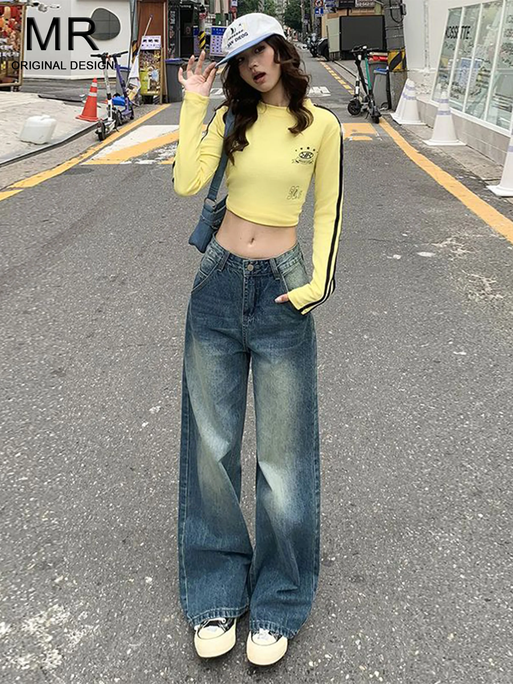 

Ретро-джинсы синего цвета в американском стиле с высокой талией и широкими штанинами, женские, новинка 2026 года, свободные, утягивающие, узкого кроя, длинные брюки