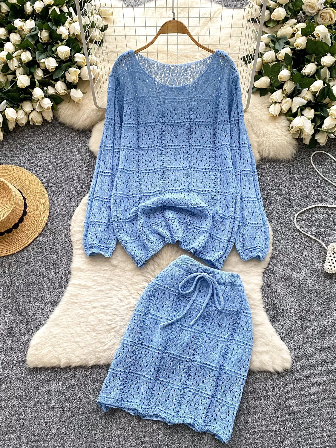 

Casual Knitted Set Women's Loose Fit Hollow Hook Flower High Waist Bodycon Skirt Long Sve round Ne Two Piece Suit