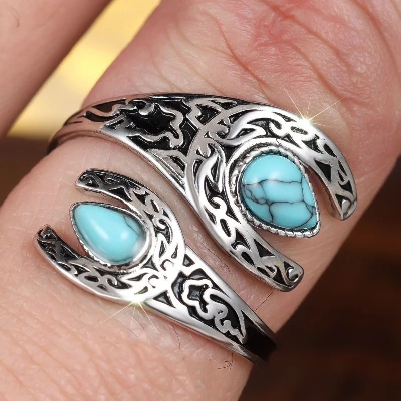 No Fading, Hard Work. Double Sided Water Droplet Turquoise Blackened Open Ring, Fashionable Carving, Adjustable Accessories