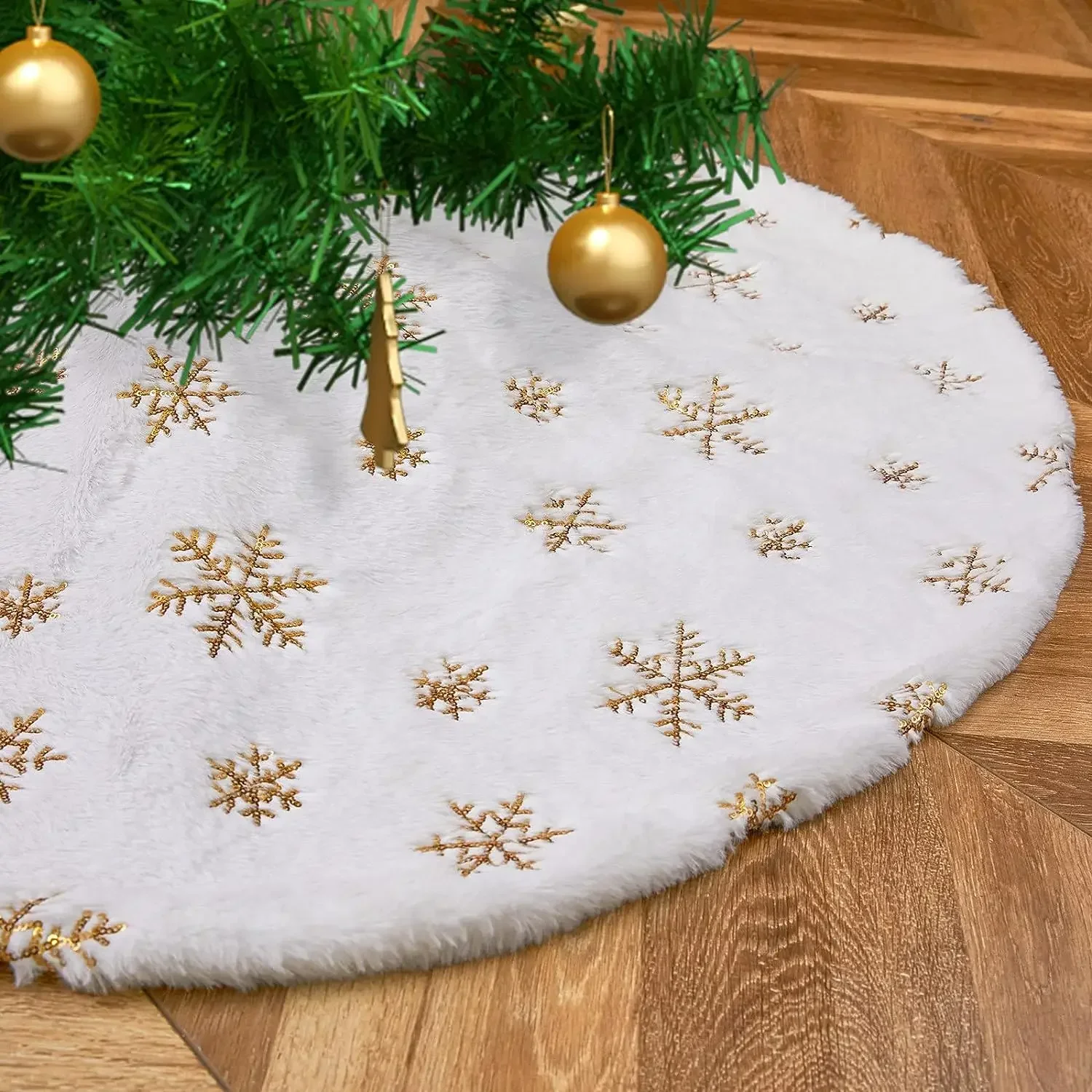 Jupe d'arbre de Noël en peluche, fausse fourrure blanche, arbres de Noël, tapis à paillettes, petites jupes en polymères, décorations de fête à la maison, 15 po, 38 cm