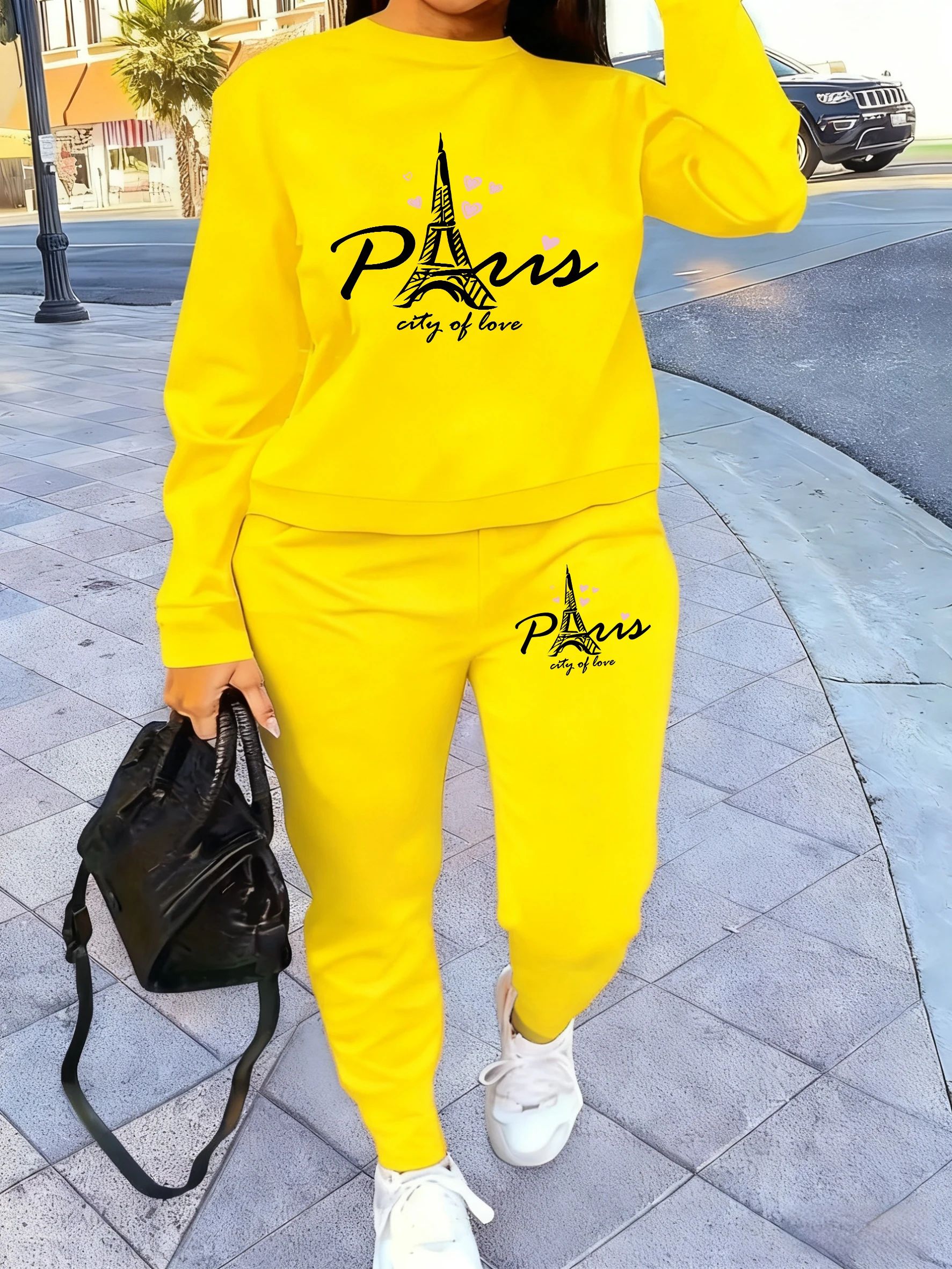 

Париж Город любви Франция Женский комплект свитшотов с круглым вырезом Свободные спортивные штаны Повседневный флисовый пуловер Осенние спортивные штаны