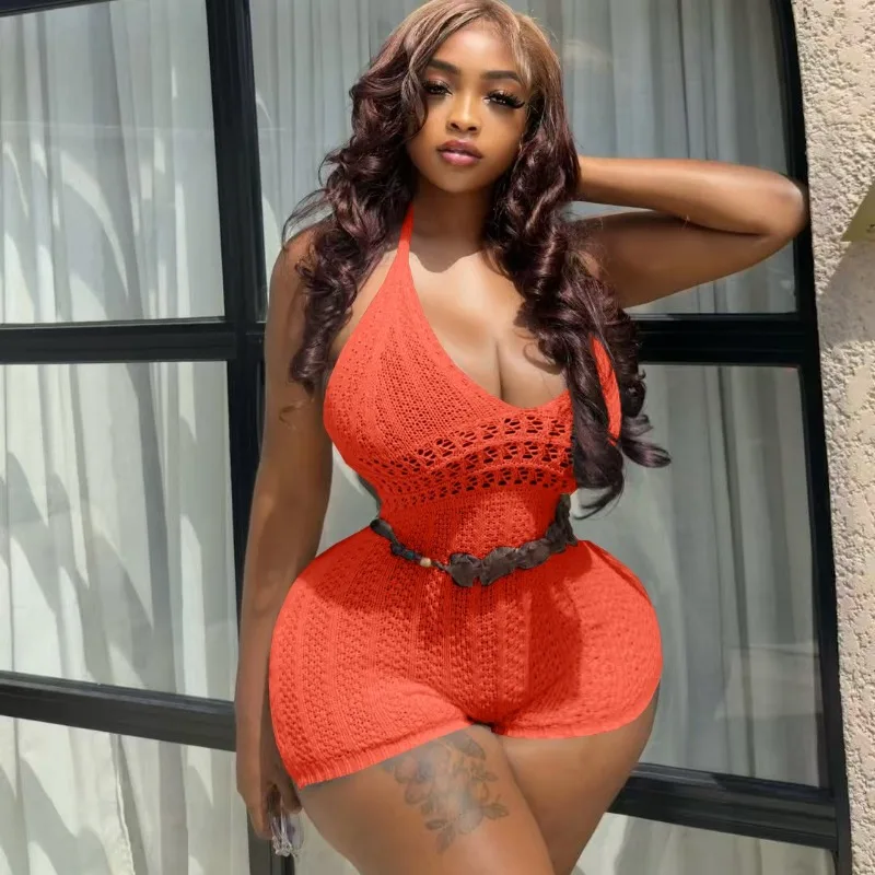 

Вязаный комбинезон с вырезами для женщин, однотонный, сексуальный, с V-образным вырезом, на шнуровке, с открытой спиной, облегающий, для отпуска, пляжный, повседневный, уличный стиль