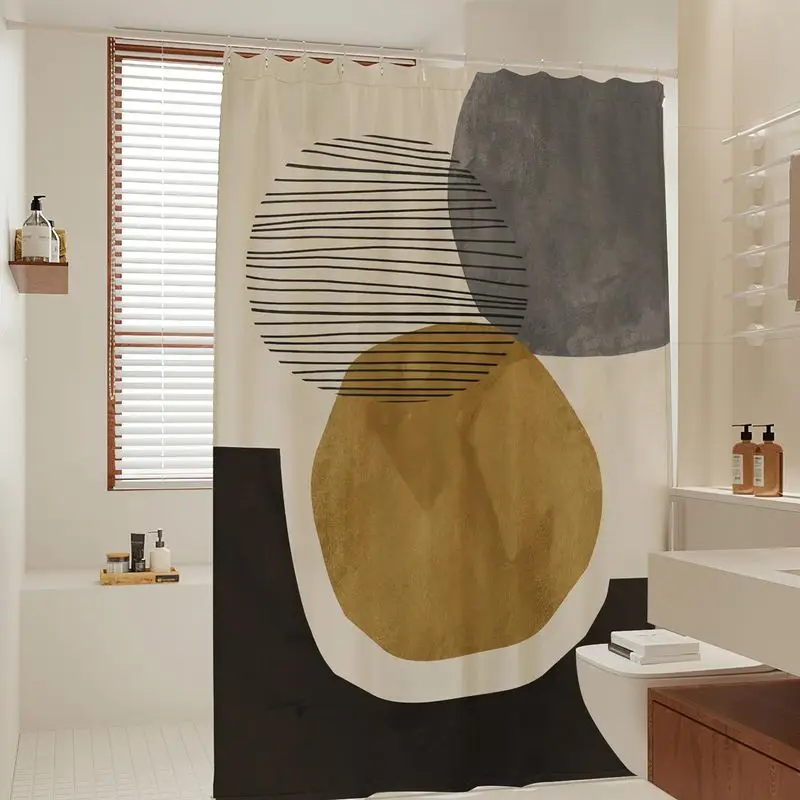 VIKAMA Abstract Boho Shower Curtain for Bathroom, Mustard Circle & Black Line Art Print Modern Bath Curtain Neutral Home Decor