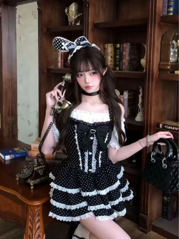 

Women Y2K Sweet Lolita Polka Dot Dress Set Summer Casual Slim Fit Tops + Elegant Vintage Fashion Strap Mini Dress 2 Piece Set