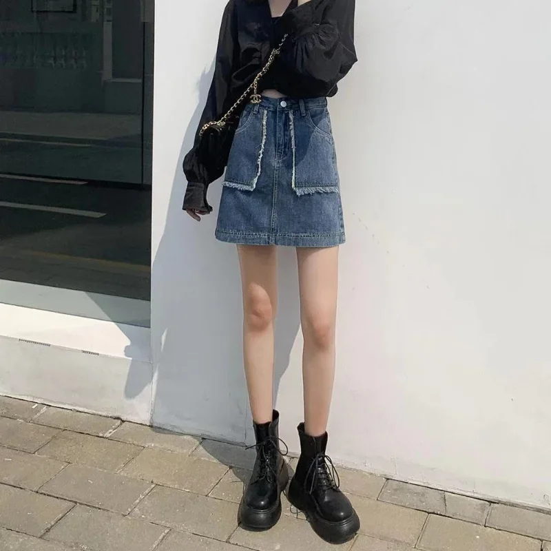 

Юбка женская джинсовая популярная трапециевидная универсальная чистая минималистичная с высокой талией для отдыха с большими карманами винтажная женская новая летняя юбка в корейском стиле