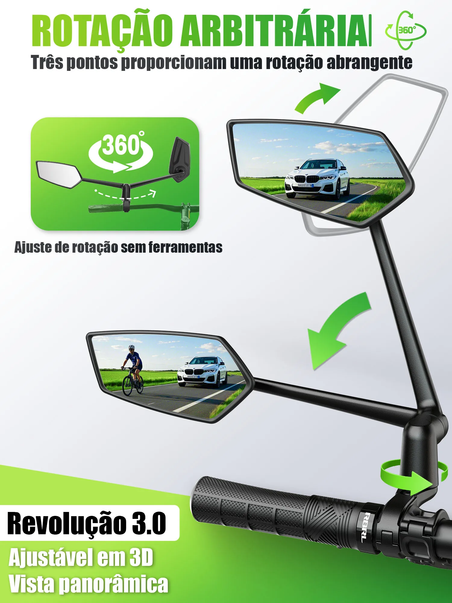 Rbrl guiador da bicicleta espelho retrovisor automotivo-grade grande angular ultra claro espelho de bicicleta 360 rotativo para scooter elétrico