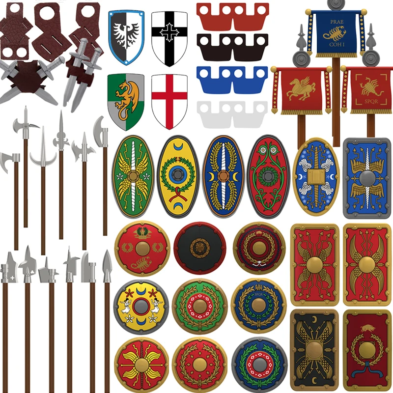

Medieval Rome Shield Military Building Blocks Roman Soldier Warrior Knight Figure Archer Apron Cloak Accessories Brick Toy Gift