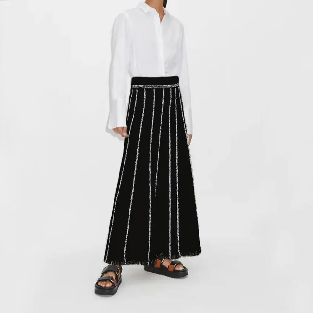 Women Skirt Striped Print Tassel Hem Knitting Skirt for Women High Waist Elastic Long Skirt with Irregular Design Loose Fit Knit