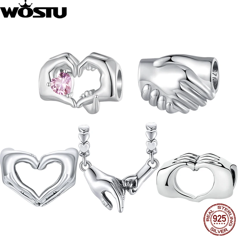 

WOSTU 925 Sterling Silver Handshake Charm Plated Platinum Finger Heart Gesture Bead Fit Original Bracelet Women DIY Jewelry Gift