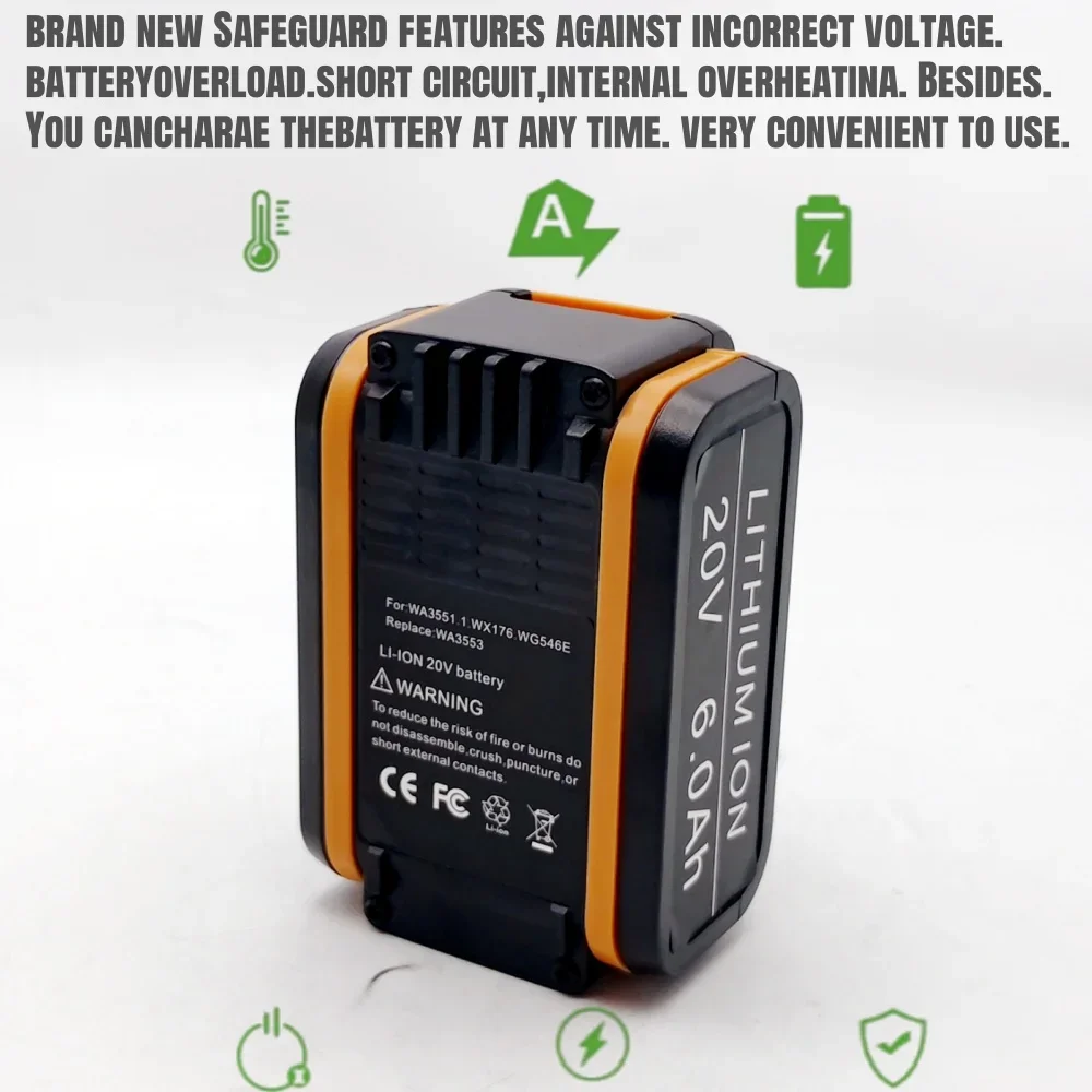 100% оригинальный аккумулятор Worx WA3553 20 В 6,0 Ач, резервная батарея для беспроводного электроинструмента WA3551 WA3553 WA3641 WX373 WX390