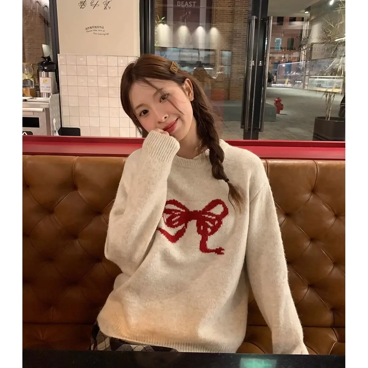 Sweater Tops Sweet Age Reduction Lazy Wind Bow Knot Winter New Retro Style Temperament Warm Interior Layering Y2k  Bear Jumper