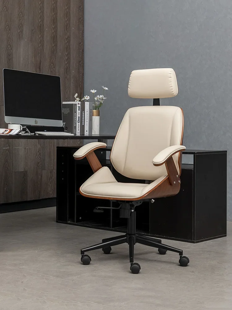 Solid Wood Gaming Chair Nordic Leather Office Furniture Lift Swivel Wooden Computer Chairs Home Comfortable Office Boss Armchair