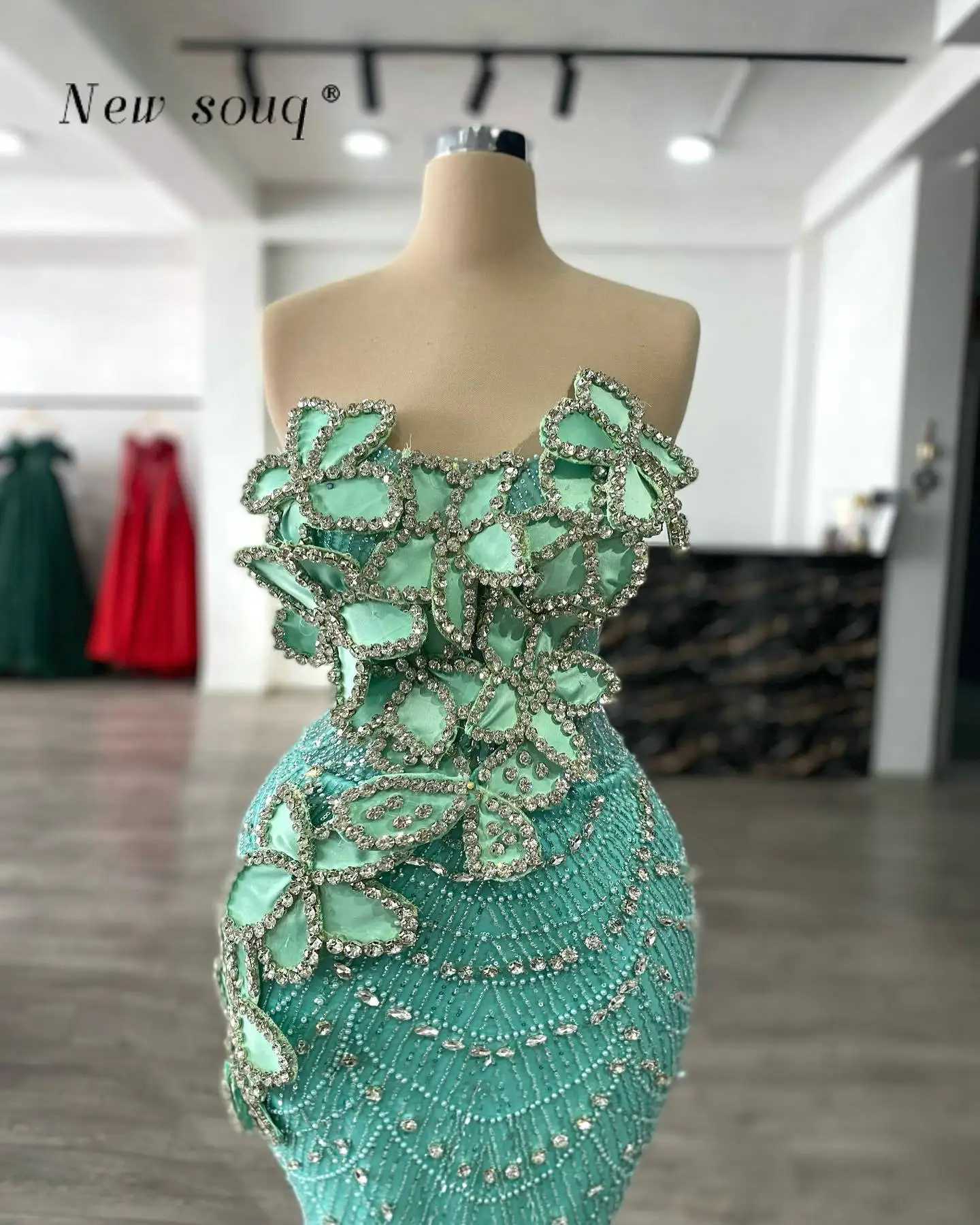 Mint Green Crystals 3D Leaf Design Mermaid Evening Dresses One Shoulder Strap Glitter Sequin Beaded Long Formal Party Gowns