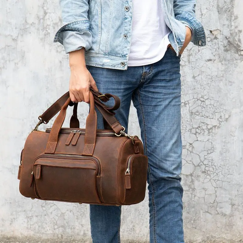 Retro Wild Horse Leather Travel Bag - Large Capacity Men's Business Travel Bag for Fitness, Long-Distance Travel Bag - Trendy