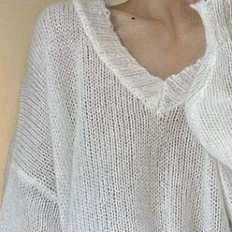 Women 2023 New Early Autumn Sweater Sweater Lazy Wind V-neck Long Loose Blouse Slim Inside All-match Hin Thin V-neck