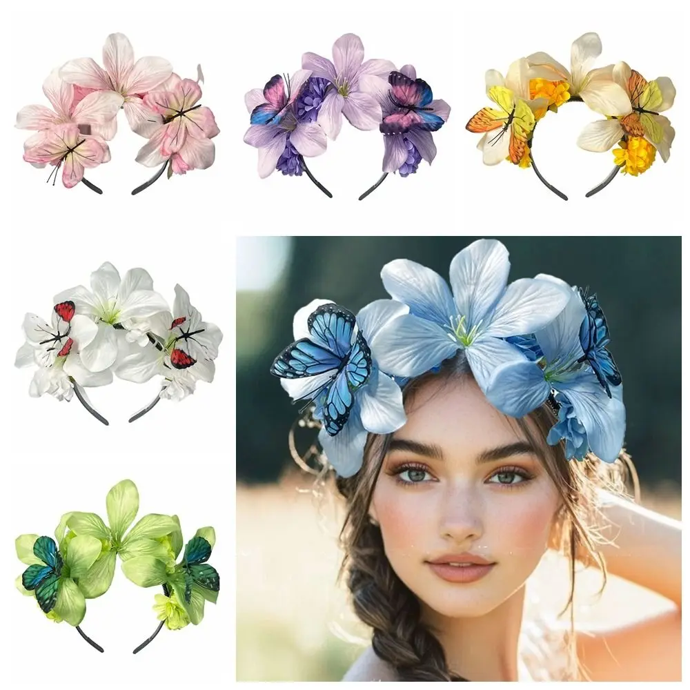 

Sweet Simulation Flower Hair Hoop Garland Butterfly Floral Crown Hairband Headdress Elegant Carnival Hair Accessories