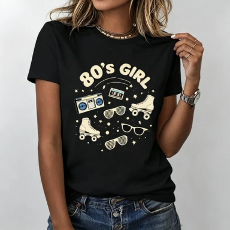 Women Round‑neck Short‑sleeve Tee 80's Girl Vintage Roller Skate Cassette Graphic Print Soft Cotton Casual Street‑wear Tops