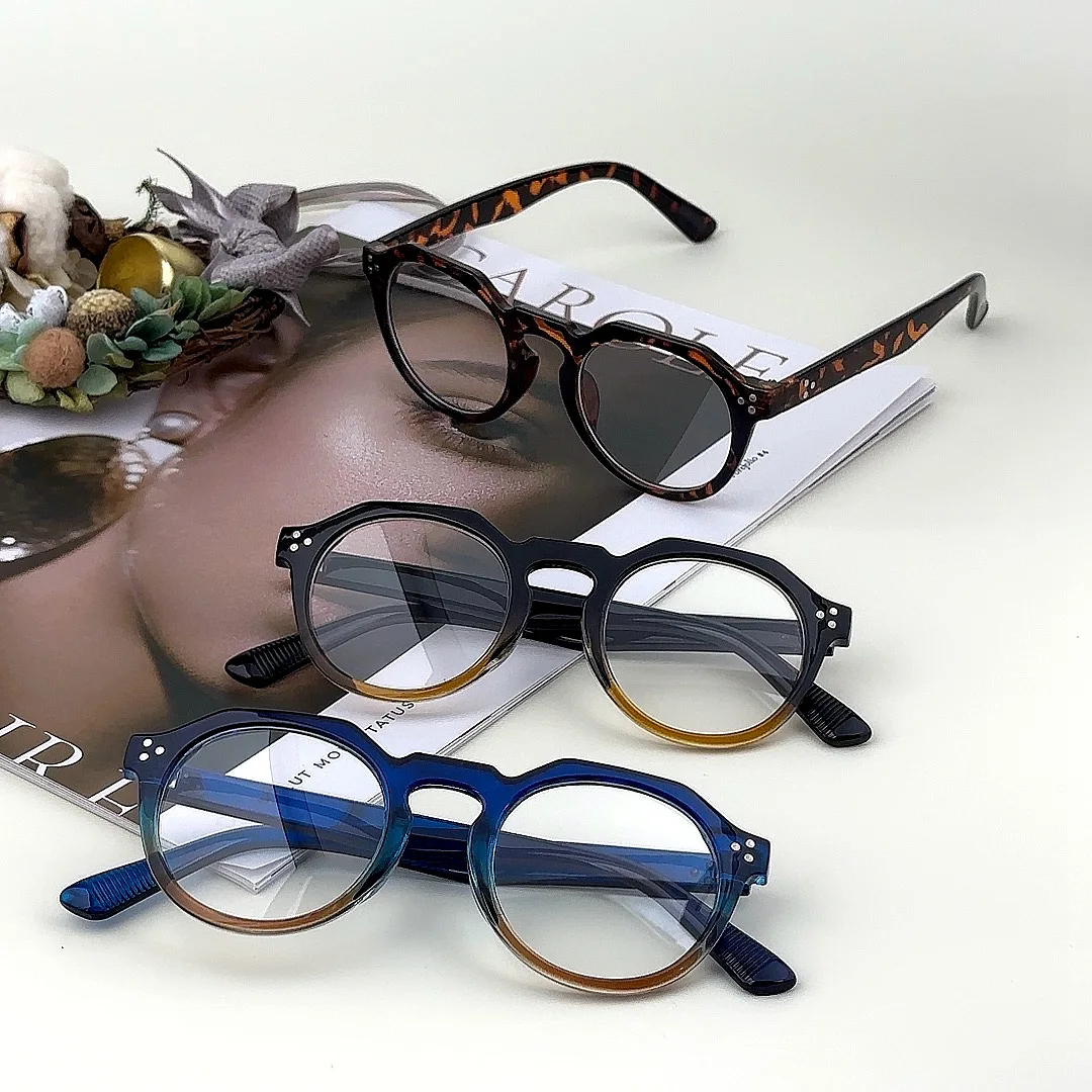 Kacamata Anti Cahaya Biru Desainer Rivet Eyewear, Kacamata Komputer Bulat Retro, Kacamata Optik Pemblokir Biru untuk Pria Wanita