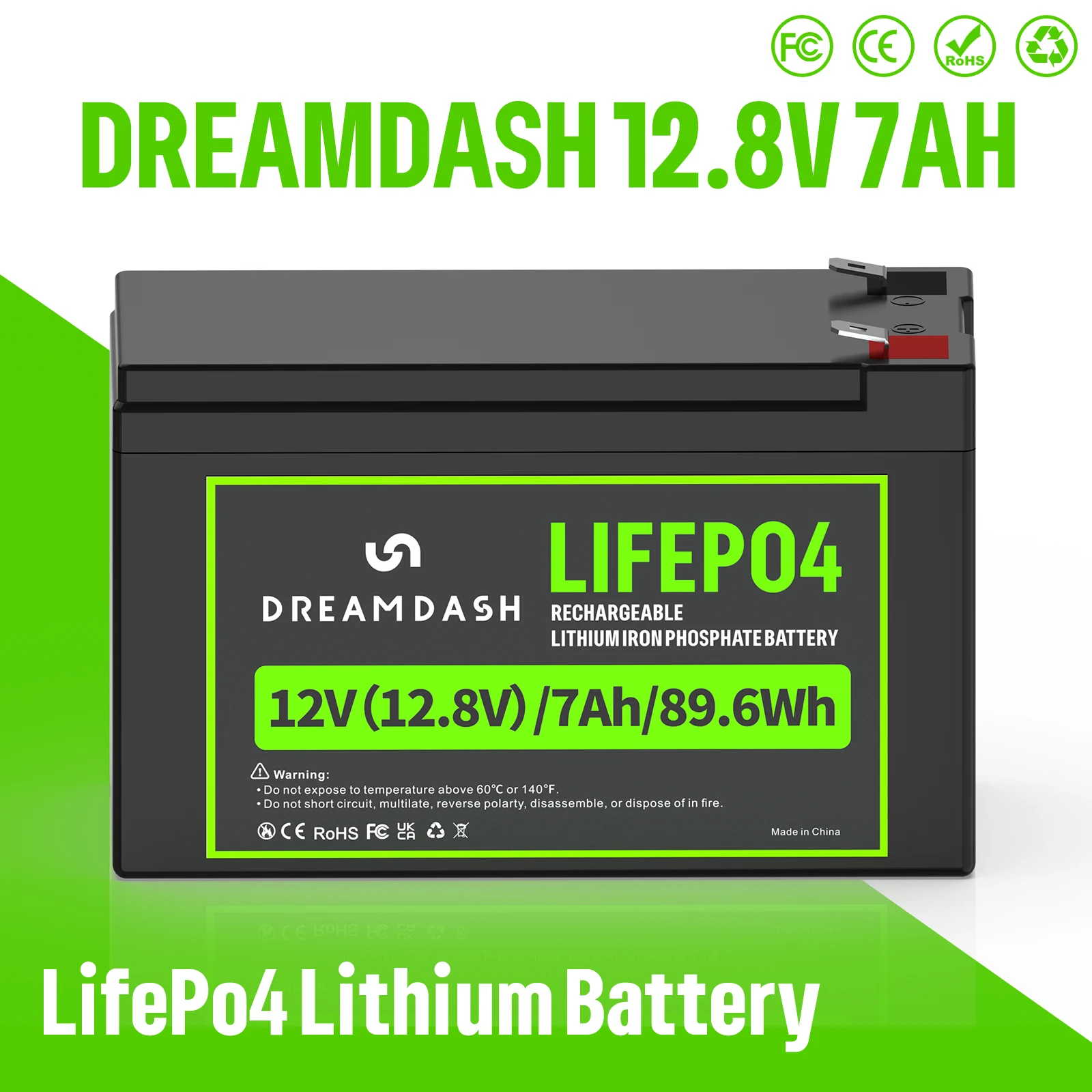 Dreamdash 12V 7Ah LiFePO4 Battery 89.6Wh Rechargeable Lithium Iron Phosphate Battery Built-in BMS F2 Terminal for Kids Ride On Car UPS Solar Gate Opener Emergency Light RV Golf Cart Ship from US UK PL