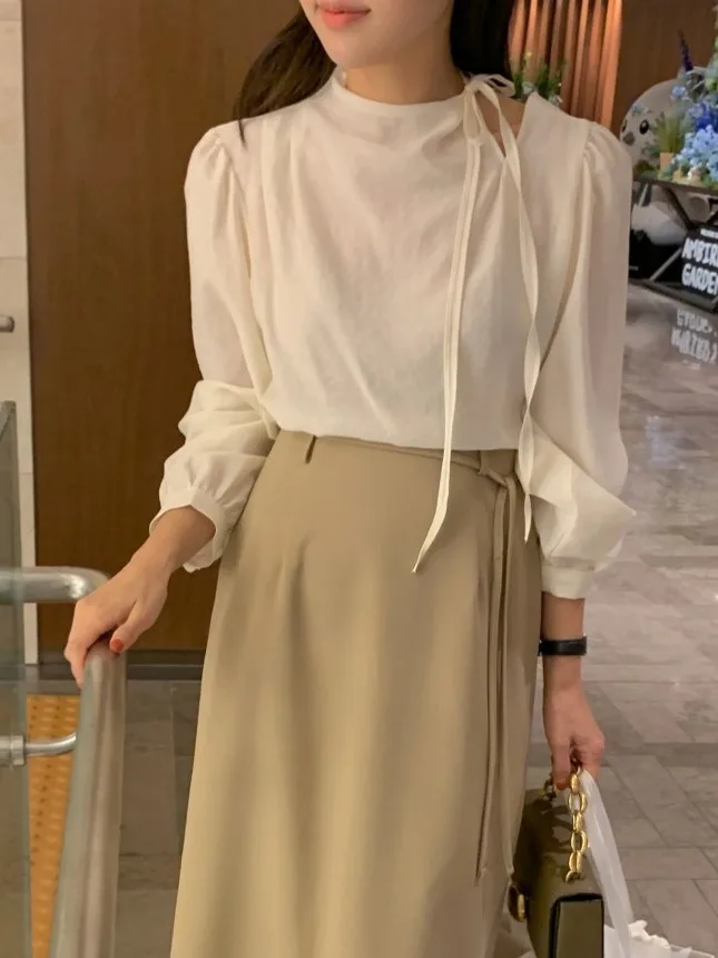 

Шикарная женская ранняя весна irt Ele Long Sve с боковым бантом, белая модная женская одежда на пуговицах