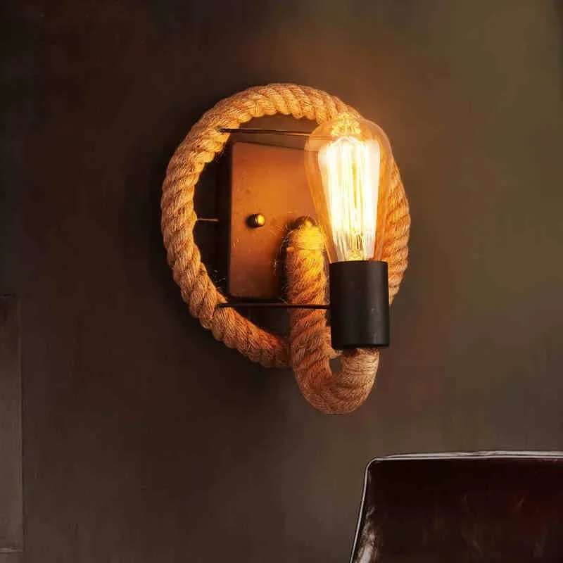 Retro Hemp Rope Wall Lamp Bedside Decoration Creative Iron Vanity Light Fixture Living Room American Stair Aisle