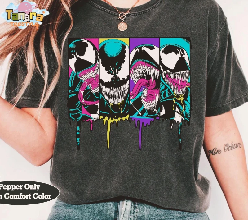 Camisa retro con panel cómico de Marvel Venom de los años 90, diseño de goteo colorido, regalo para fanáticos de MCU, inspirado en Marvel Studios, camiseta gráfica unisex