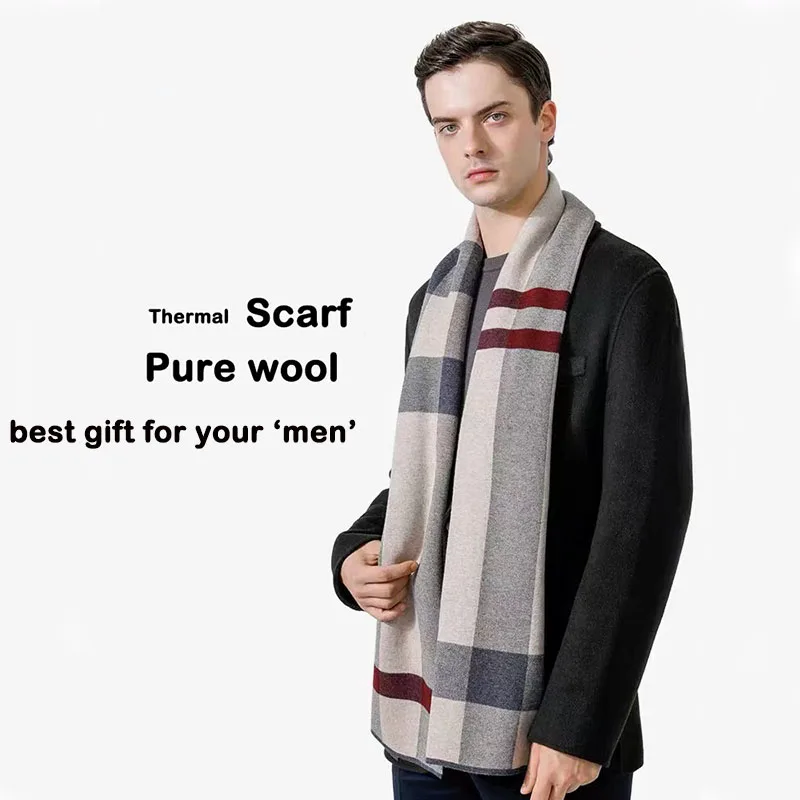 High Quality Pure Wool Men Scarves Autumn Winter Simple Classic Business Checkered Muffler Male 100% Wool Shawl Gentlemen Gift