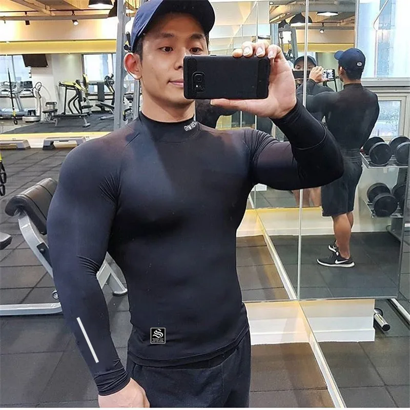 Mens Bodybuilding Quick Dry Casual Compression Long Sleeve T-Shirt Man Gym Fitness Clothing Sport Running Workout Tee Sweatshirt