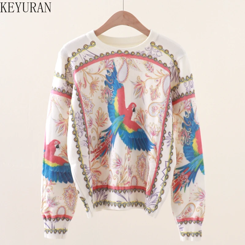 

Vintage Flower Bird Print Pullover Knitted Sweater Women New Autumn Winter Round Neck Long Sleeve Versatile Knitwear Tops Jumper