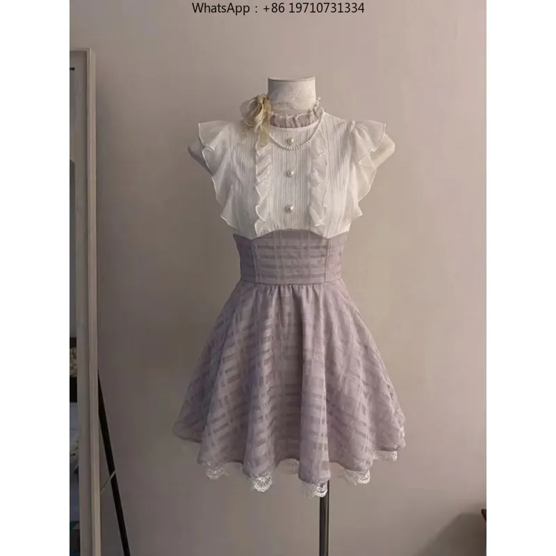 Women Harajuku Kawaii Plaid Mini Dress High Waist Ruffle Sleeve Lace Vintage Party Dress