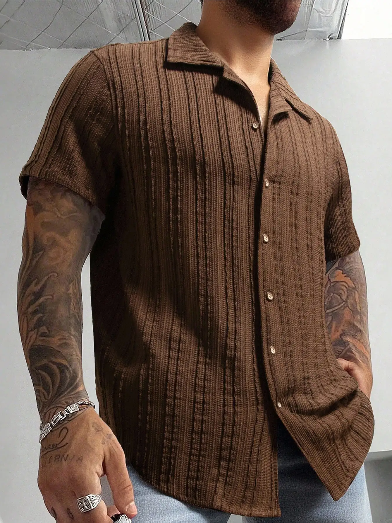 

Men's Brown Ribbed Knit Short Sleeve Button-Up Casual Shirt