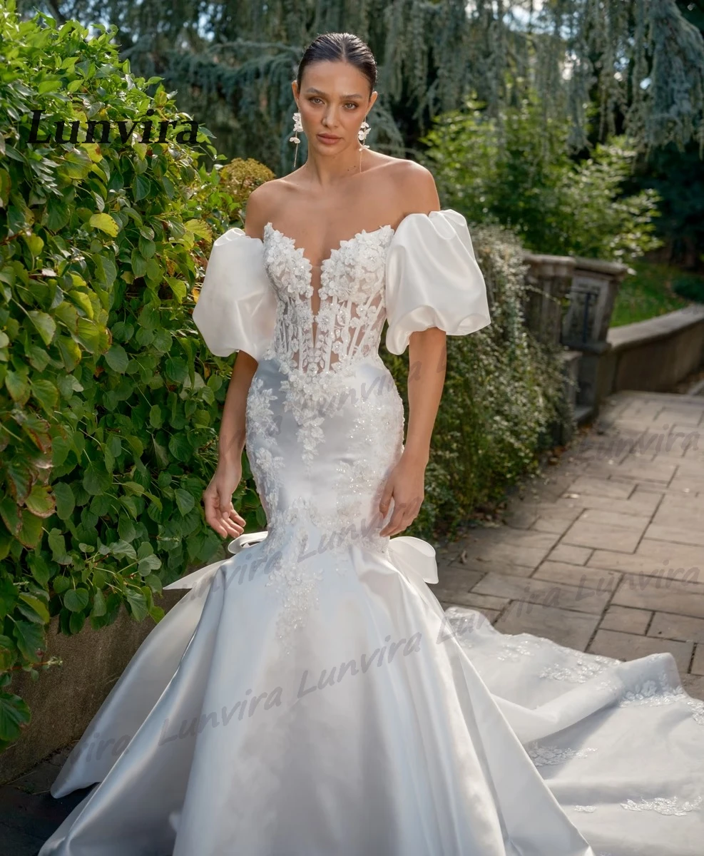 Lunvira Stylish Lantern Sleeves Bridal Dress V-neck Mermaid Satin Lace Appliques Bowknot Court Train Robe De Mariee Customized
