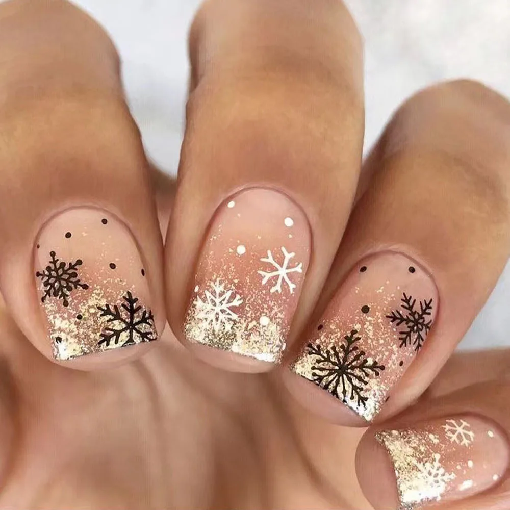 24Pcs Xmas Press on Nails Christmas Short Square Fake Nails Wearable Snowflake Design False Nails with Golden Powder Nail Tips