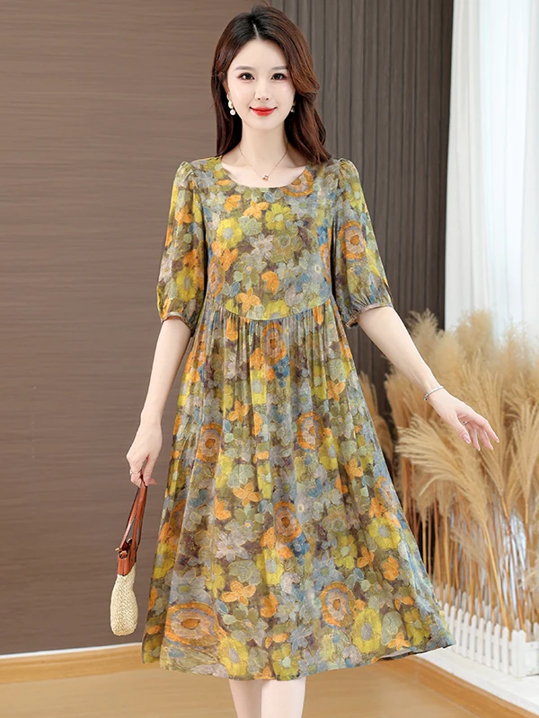 فستان صيفي جديد لعام 2025 بتصميم فضفاض ومقاس كبير، أنيق وعصري من القطن والحرير الصناعي، تنورة متوسطة الطول للسفر