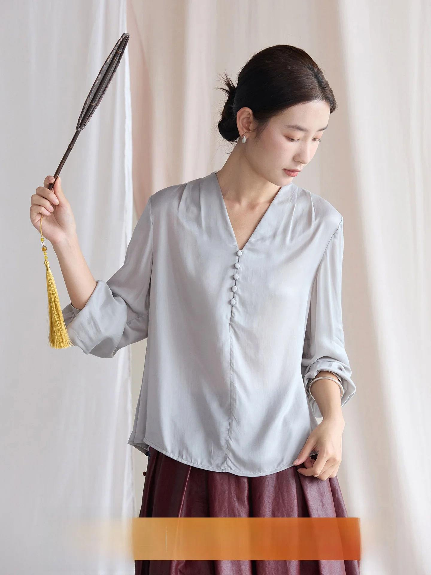 

Snow Bud Original Design Long Sleeve Silk Sand Wash Satin Slim Fit V Neck Cool Feeling Women's Shirt Drapey Copper Ammonia Fiber