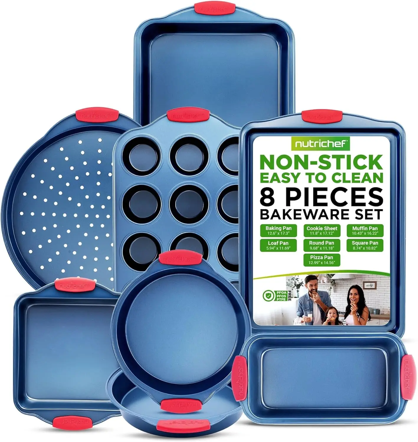 

8 Piece Non-Stick Baking Pan Set - Premium Carbon Steel Bakeware with Silicone Handles -Blue