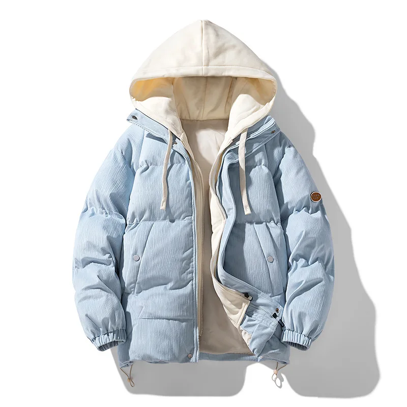 الخريف الشتاء رجل أسفل سترة رشاقته الدافئة التباين اللون الذكور معطف مقنع طويلة الأكمام يندبروف الرجال وهمية قطعتين ملابس خارجية #4