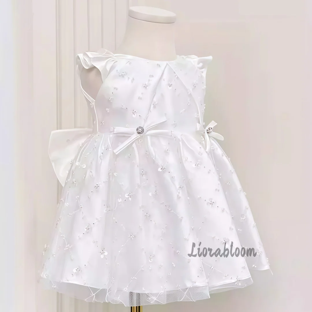 Abito da bambina con perle, vestito bianco con paillettes per damigella, abito corto da festa, abito corto da sposa, abito formale a maniche corte