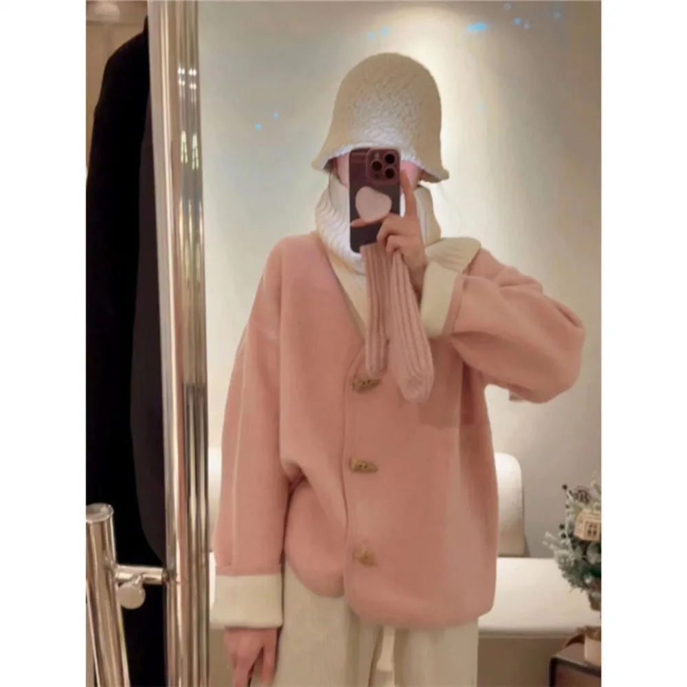 Fashionable cow horn button sweater cardigan jacket for women in autumn winter gentle soft lazy style V-neck slim fit