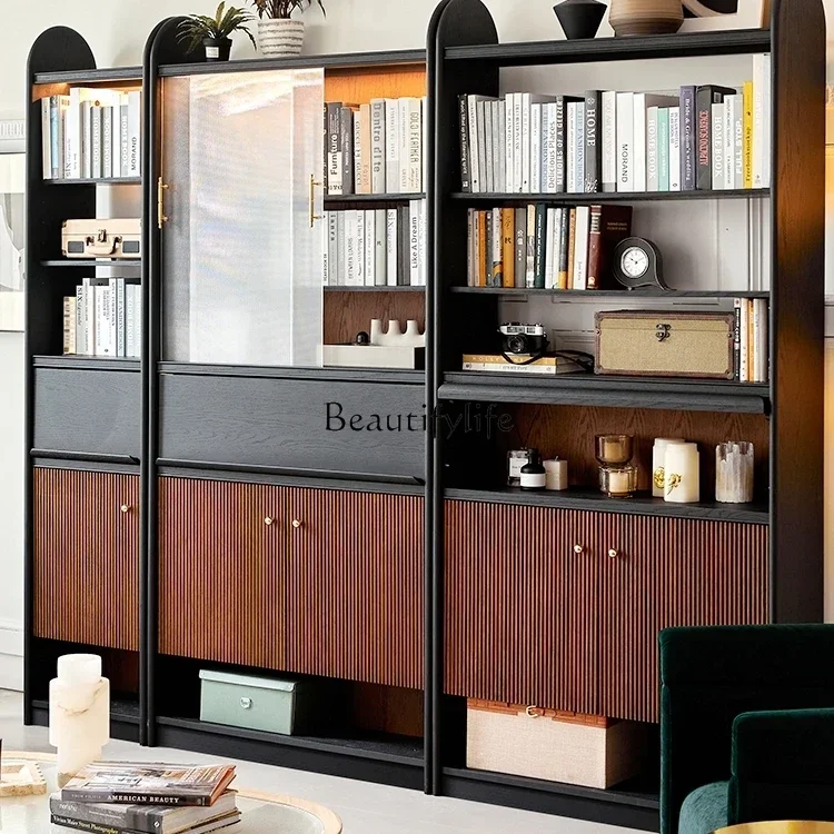 

LFrench retro solid wood bookcase living room whole wall free combination bookshelf